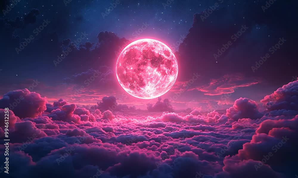 A vibrant pink moon illuminates a dreamy cloud-filled sky. A vibrant pink moon illuminates a dreamy cloud-filled sky.