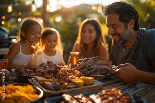 A family enjoys a delightful barbecue feast at a Texas joint, savoring delicious flavors together in the warm evening sunlight photo