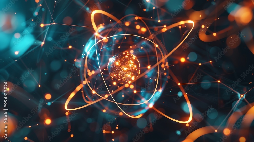 Abstract image of a glowing central structure resembling an atomic or molecular model Abstract image of a glowing central structure resembling an atomic or molecular model