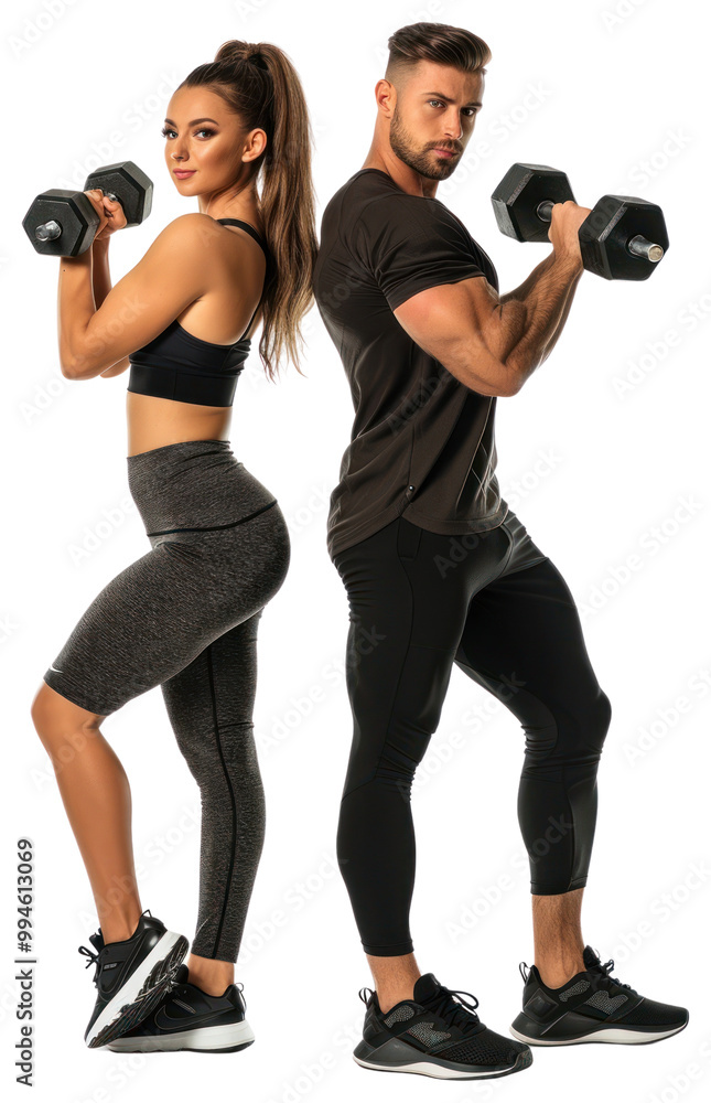Man and woman in fitness outfit exercising dumbbell sports. Man and woman in fitness outfit exercising dumbbell sports.