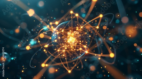 A glowing atomic structure illustration shows subatomic particles orbiting a bright central nucleus