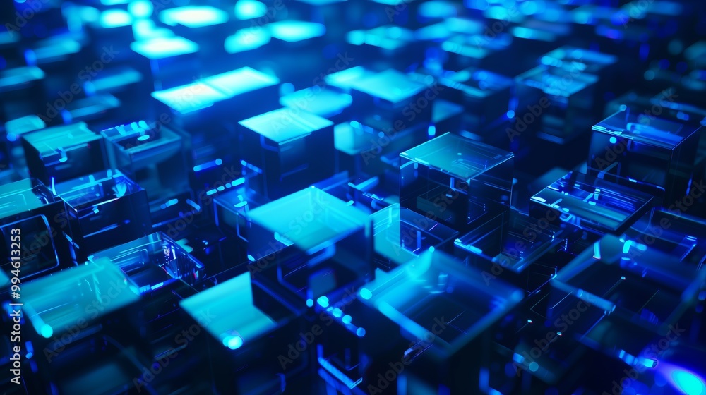 A futuristic illustration featuring glowing blue cubes suspended in an abstract digital space A futuristic illustration featuring glowing blue cubes suspended in an abstract digital space