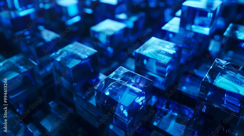 A digital representation of glowing blue cubes arranged in a grid-like pattern A digital representation of glowing blue cubes arranged in a grid-like pattern