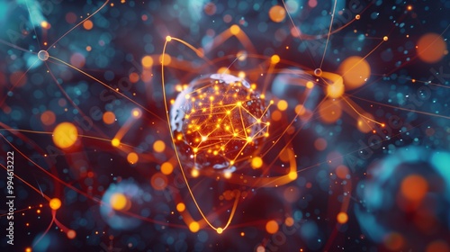 A glowing atomic structure is depicted with interconnected energy lines