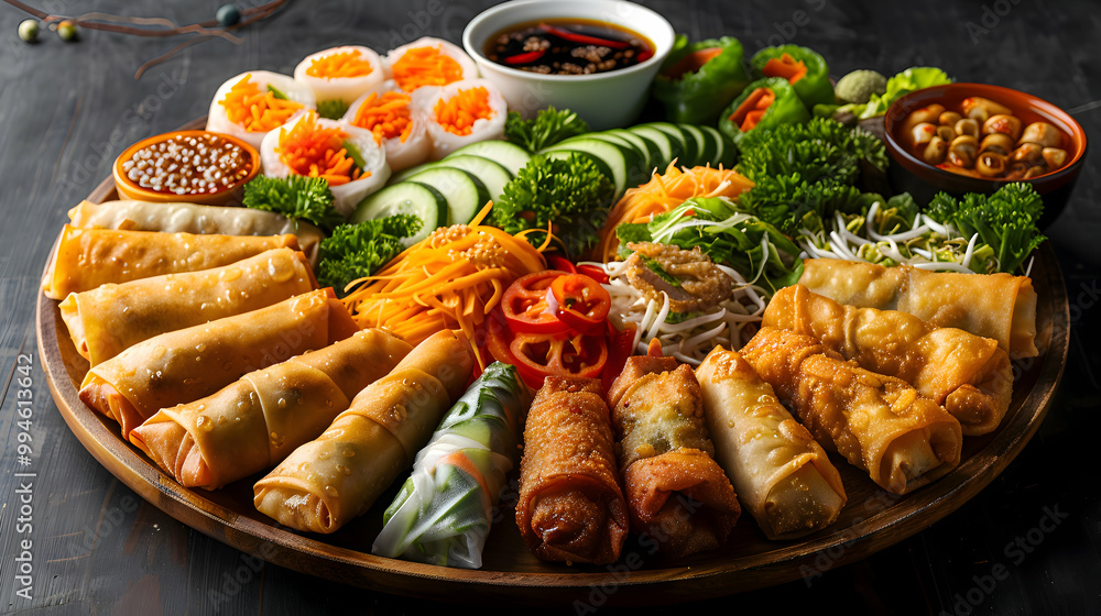 A platter of assorted spring rolls with various fillings, captured using an ultra HD camera with a ring light for even illumination A platter of assorted spring rolls with various fillings, captured using an ultra HD camera with a ring light for even illumination