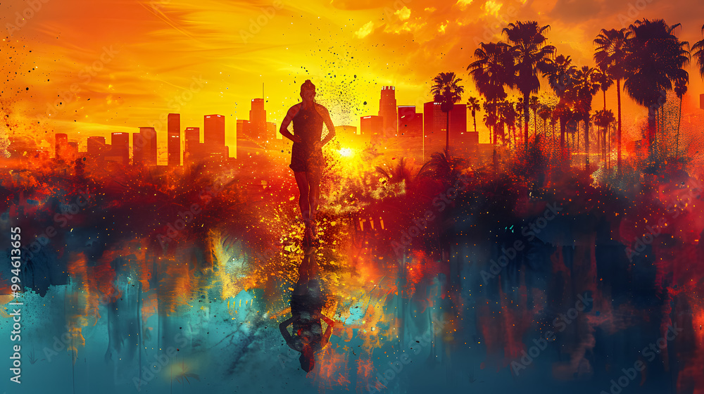 Silhouette of a sprinter running on the track in the Olympic stadium with a colorful flare rising behind him. Concept of victory and winning. Olympic Games. Los Angeles 2028. Athletics Silhouette of a sprinter running on the track in the Olympic stadium with a colorful flare rising behind him. Concept of victory and winning. Olympic Games. Los Angeles 2028. Athletics