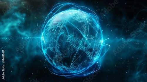 A glowing blue energy sphere with swirling light trails, floating in a cosmic space environment