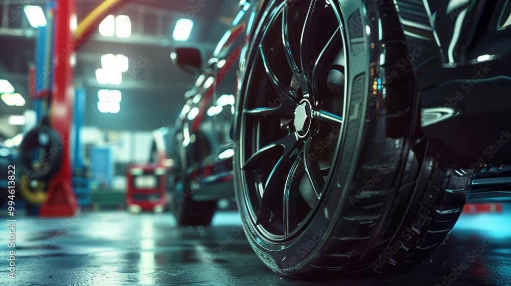 Fototapeta premium A close-up of a car wheel inside a brightly lit auto service station