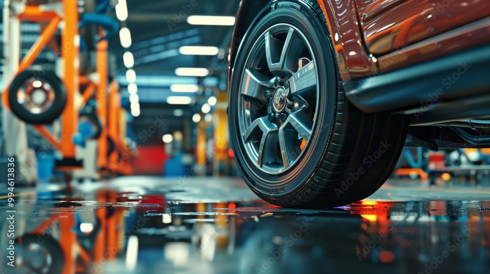 Fototapeta premium A close-up of a car wheel inside a brightly lit auto service station