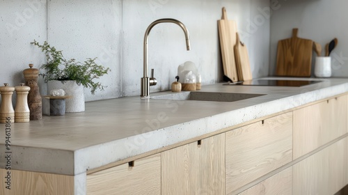 Scandinavian kitchen with smooth concrete countertops, light wooden cabinetry, and brushed metal fixtures