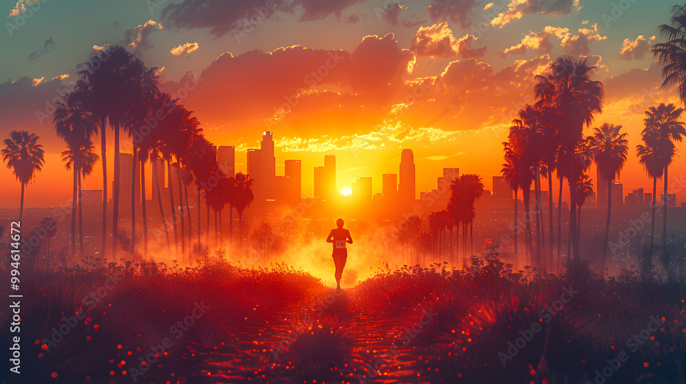 Silhouette of a sprinter running on the track in the Olympic stadium with a colorful flare rising behind him. Concept of victory and winning. Olympic Games. Los Angeles 2028. Athletics Silhouette of a sprinter running on the track in the Olympic stadium with a colorful flare rising behind him. Concept of victory and winning. Olympic Games. Los Angeles 2028. Athletics