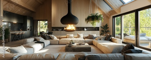Scandinavian living room with a vaulted ceiling, a hanging fireplace, and large, comfortable seating arrangements