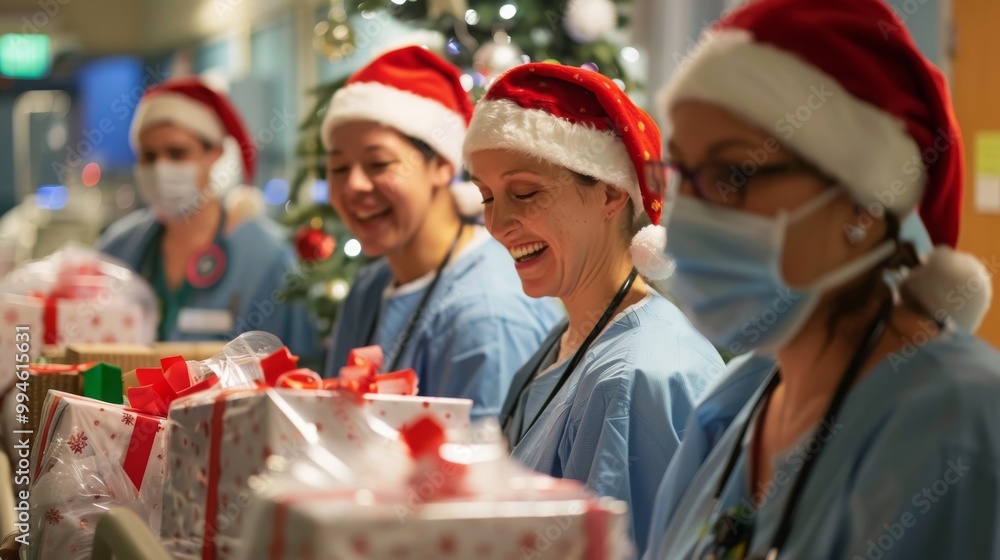 Three women wearing Santa hats and scrubs smile and look at each other while holding presents. Three women wearing Santa hats and scrubs smile and look at each other while holding presents.