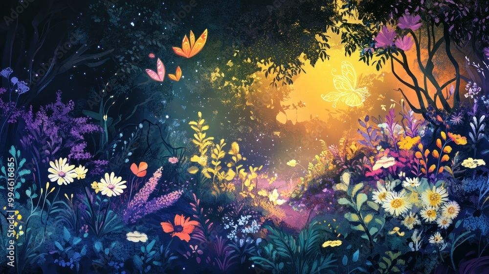 A Magical Forest Scene with Butterflies and Flowers A Magical Forest Scene with Butterflies and Flowers