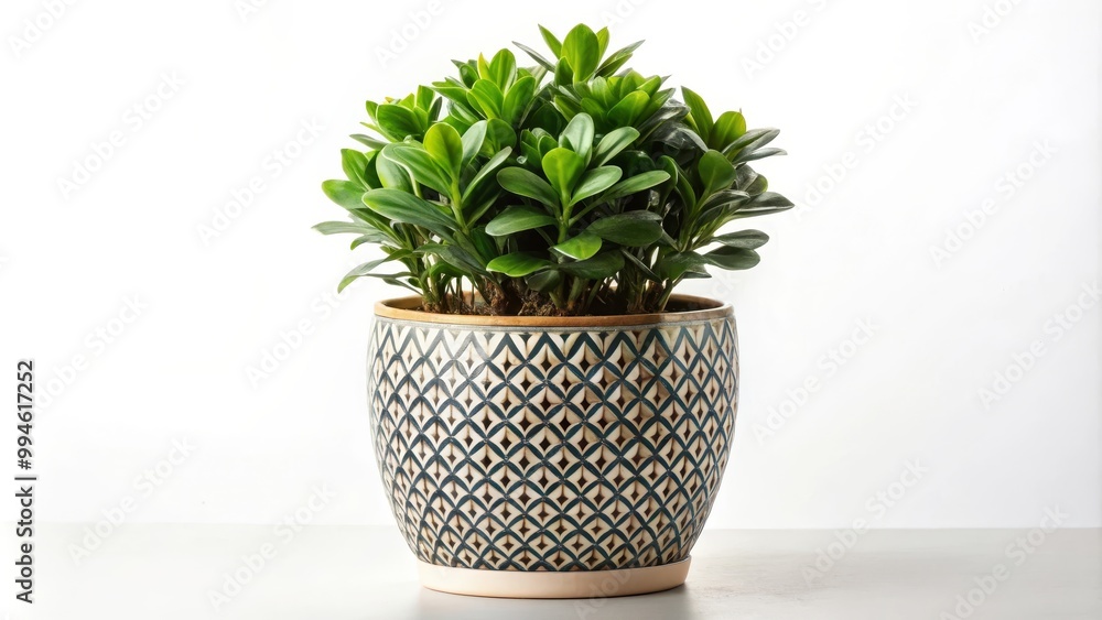 Zz plant standing in a modern pot on a wooden surface with a white background Zz plant standing in a modern pot on a wooden surface with a white background