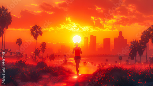 Silhouette of a sprinter running on the track in the Olympic stadium with a colorful flare rising behind him. Concept of victory and winning. Olympic Games. Los Angeles 2028. Athletics. Sunset beach