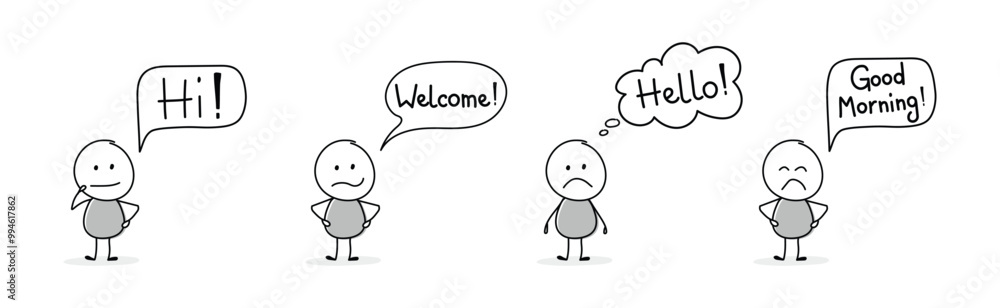 Unhappy hand drawn character with greeting - welcome, hello, hi, good morning. Vector Unhappy hand drawn character with greeting - welcome, hello, hi, good morning. Vector