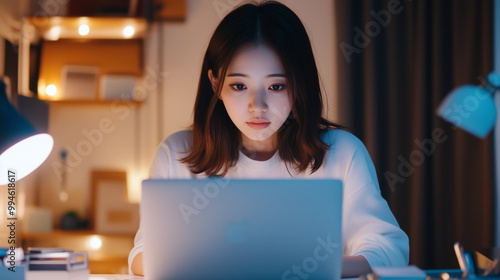 A young Japanese woman with focused eyes, typing intently on her laptop in a minimalist home office, surrounded by soft lighting and organized workspace, her concentration radiatin photo