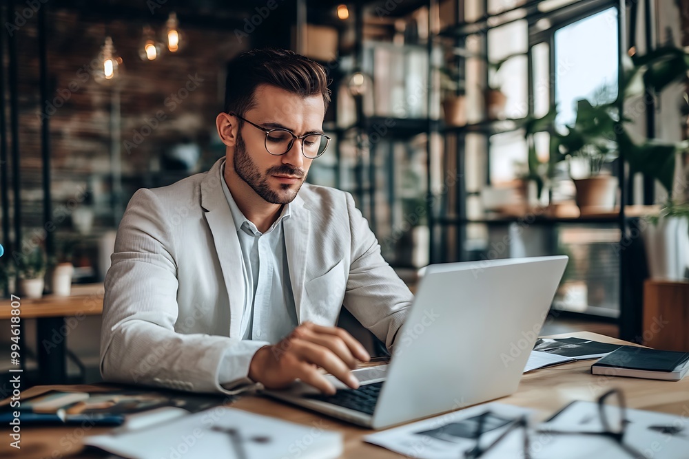 Young businessman working on a laptop in a modern office with a serious face Young businessman working on a laptop in a modern office with a serious face