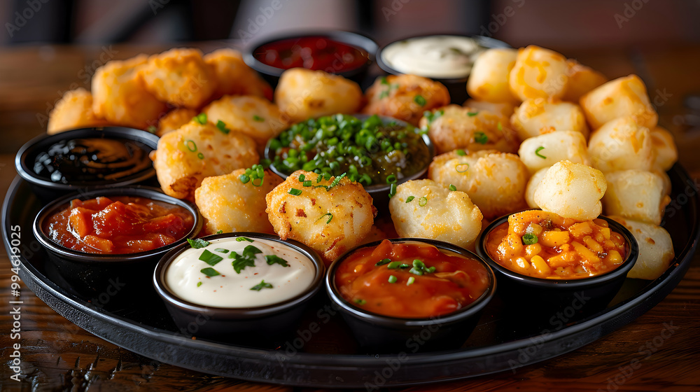 A platter of cheese curds with various dipping sauces, captured using an ultra HD camera with a ring light for even illumination A platter of cheese curds with various dipping sauces, captured using an ultra HD camera with a ring light for even illumination