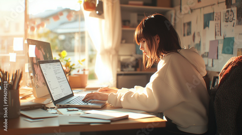 A dedicated young Japanese woman in a stylish home office, working on her laptop with documents spread across her desk, her environment bathed in natural light and organized with p