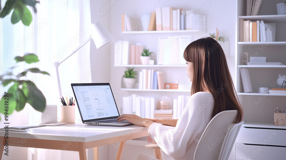 A young Japanese woman typing intently on her laptop, her home office organized with care, featuring a minimalist desk, comfortable chair, and soft pastel colors, as she immerses h A young Japanese woman typing intently on her laptop, her home office organized with care, featuring a minimalist desk, comfortable chair, and soft pastel colors, as she immerses h