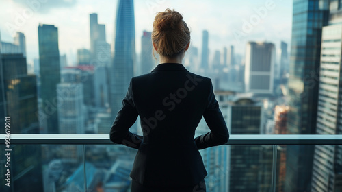 The back view of a confident female executive in a tailored black suit, standing tall at the edge of a high-rise balcony, gazing out at a sprawling cityscape filled with towering s photo