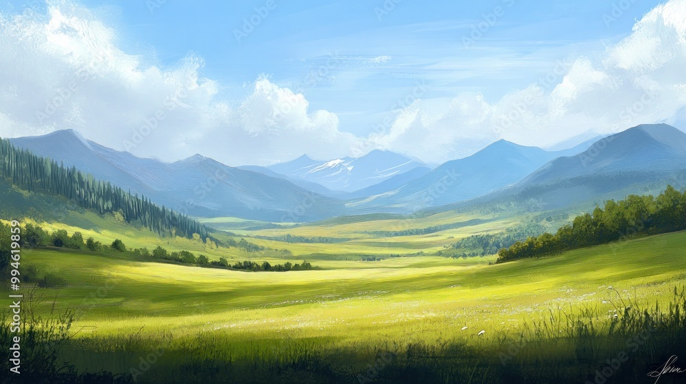 A Lush Green Meadow Surrounded by Blue Mountains Under a Bright Sky A Lush Green Meadow Surrounded by Blue Mountains Under a Bright Sky