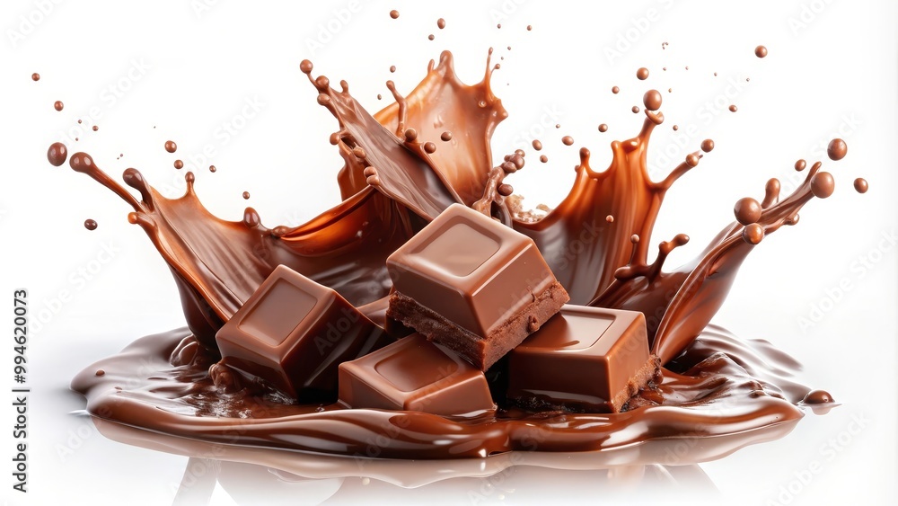 Fototapeta premium Chocolate cubes falling into melted chocolate, making a big splash on a white background