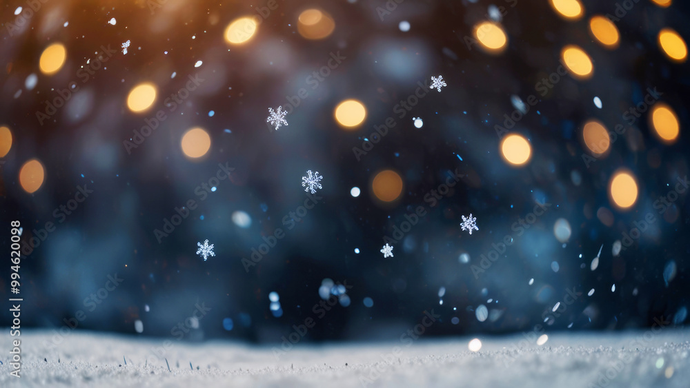 Obraz premium Snowfall with blurred bokeh background with lights in a winter night, as a background for design