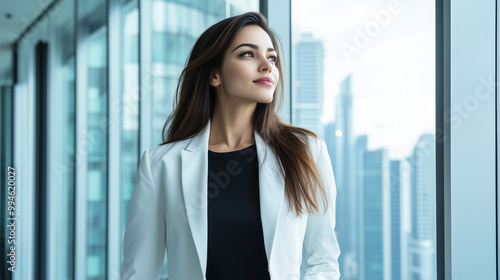 A confident businesswoman in a crisp white blazer, standing in a modern office with floor-to-ceiling windows, gazing out at the skyscrapers beyond, symbolizing her success in the c Free Download A confident businesswoman in a crisp white blazer, standing in a modern office with floor-to-ceiling windows, gazing out at the skyscrapers beyond, symbolizing her success in the c - GFXLoad