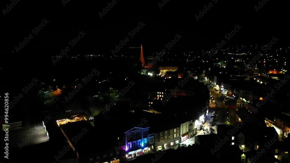 Aerial View of Illuminated Leighton Buzzard Town of England Great Britain at Night. March 29th, 2024 Aerial View of Illuminated Leighton Buzzard Town of England Great Britain at Night. March 29th, 2024
