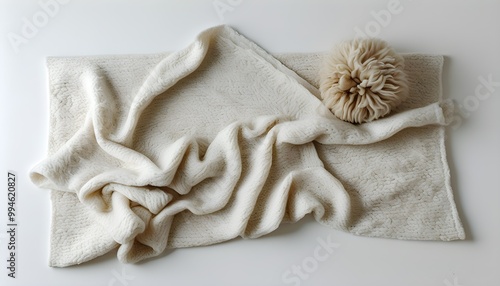 Elegant minimalist fleece blanket flatlay on pristine white background, showcasing smooth texture and neat design elements