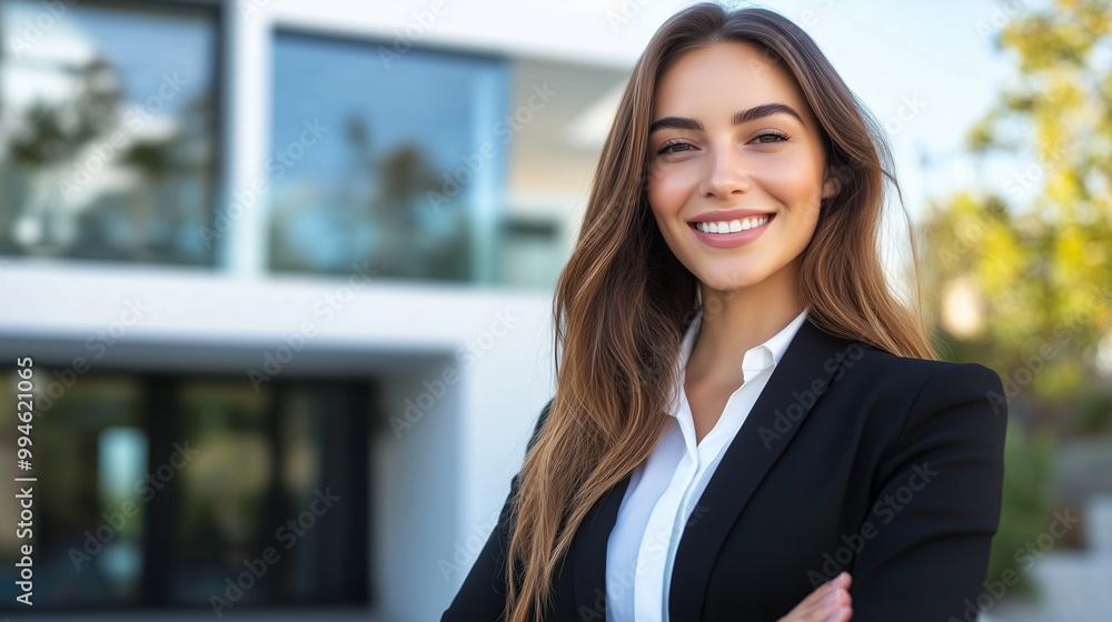 A confident American real estate agent in a tailored suit stands proudly in front of a sleek, modern home, her bright smile and professional stance radiating approachability and re A confident American real estate agent in a tailored suit stands proudly in front of a sleek, modern home, her bright smile and professional stance radiating approachability and re