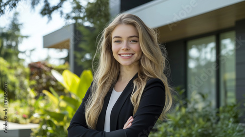 A confident real estate agent with a welcoming smile poses in front of a modern house, its sharp architecture and lush landscaping framing her professional demeanor as she engages