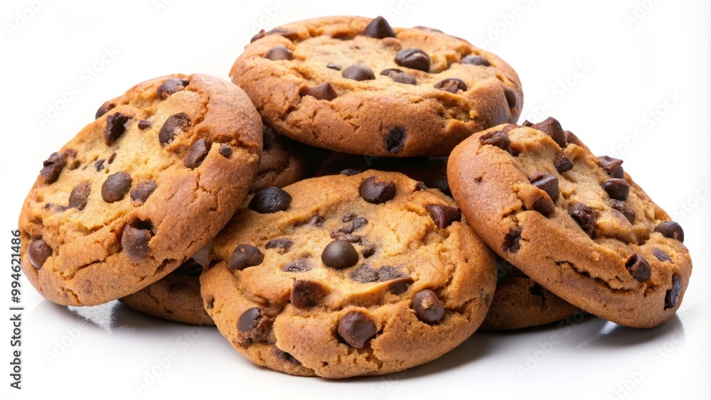 Delicious chocolate chips cookies making a pile on a white background Delicious chocolate chips cookies making a pile on a white background