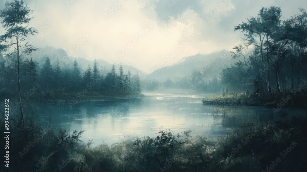 A Misty Lake Surrounded by a Forest of Trees A Misty Lake Surrounded by a Forest of Trees