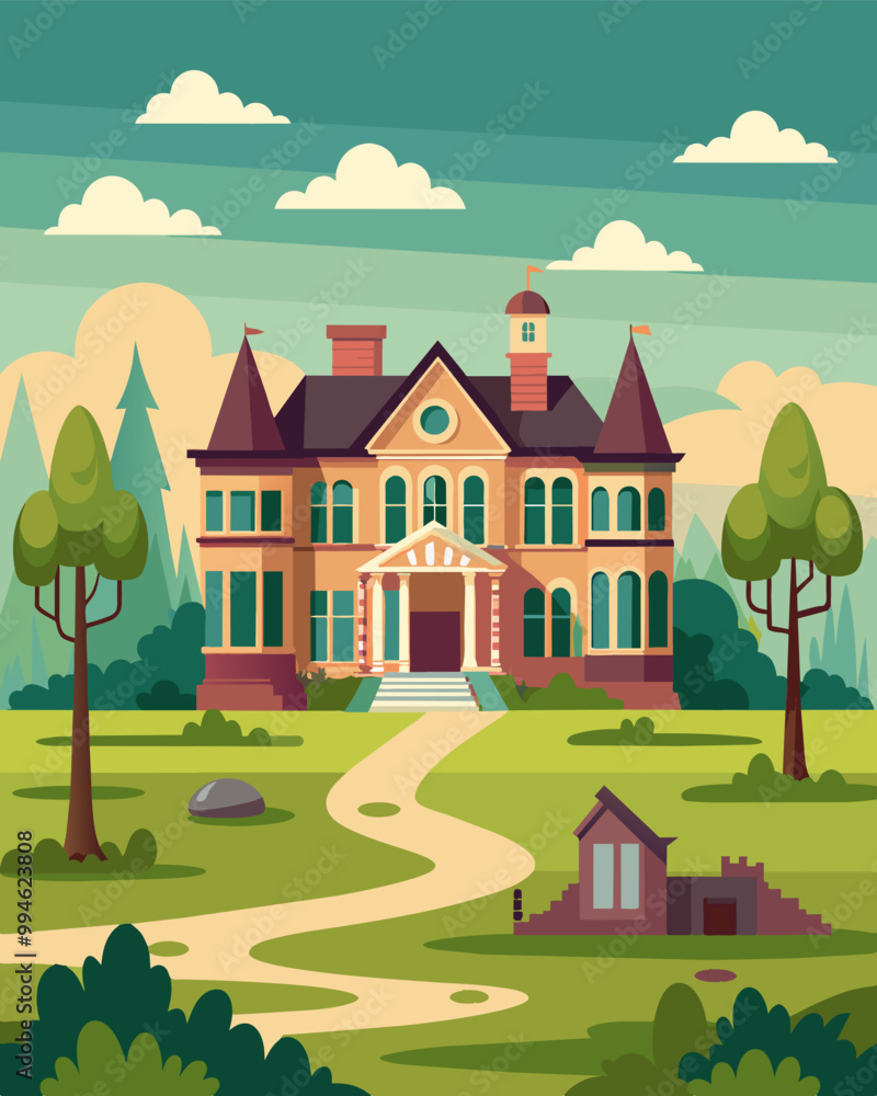 Fototapeta premium A picture of a large mansion with a perfectly manicured lawn and a poor neighborhood with rundown houses in the background.. Vector illustration