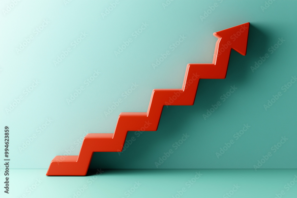 Red 3D graph arrow pointing upward on blue background Red 3D graph arrow pointing upward on blue background
