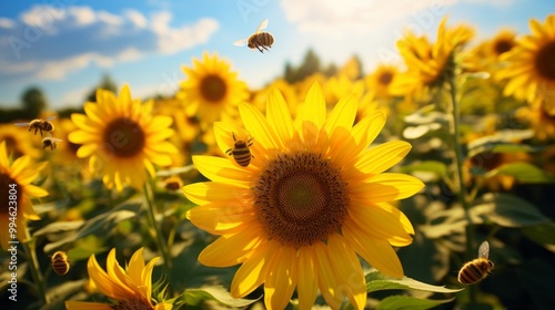 Sunflower field with bees. Sunflower blooming in summer.