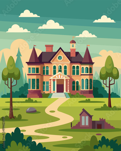 Wallpaper Mural A picture of a large mansion with a perfectly manicured lawn and a poor neighborhood with rundown houses in the background.. Vector illustration Torontodigital.ca