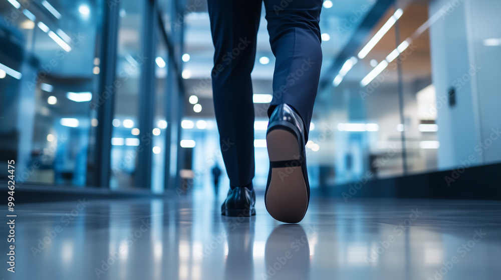 The legs of a businessman walk quickly through a stylish open office, his suit pants moving with each step as he rushes along the sleek, polished floors of the modern building to m The legs of a businessman walk quickly through a stylish open office, his suit pants moving with each step as he rushes along the sleek, polished floors of the modern building to m