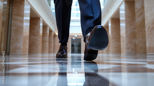 A businessmanâs legs, clad in fine dress trousers and leather shoes, move rapidly across the marble floors of a sophisticated office building, his hurried pace emphasizing the impo photo