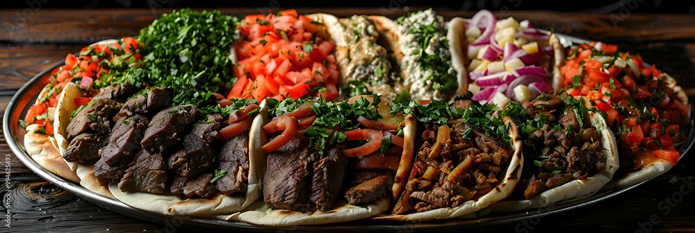 Fototapeta premium A platter of gyros with various fillings, captured using an ultra HD camera with a ring light for even illumination