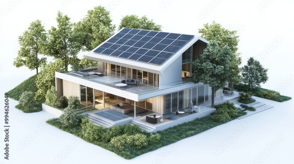 Modern Two-Story House with Solar Panels and Lush Landscaping Modern Two-Story House with Solar Panels and Lush Landscaping