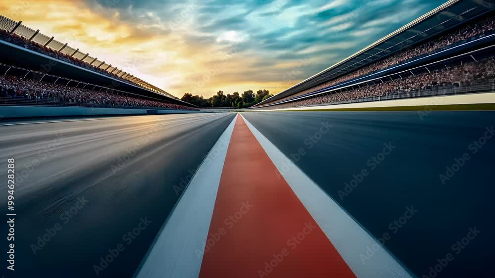 High-speed view of an empty racetrack at sunset, showcasing fast-paced competition, motor sports, and the thrill of automotive racing.
High-speed view of an empty racetrack at sunset, showcasing fast-paced competition, motor sports, and the thrill of automotive racing.