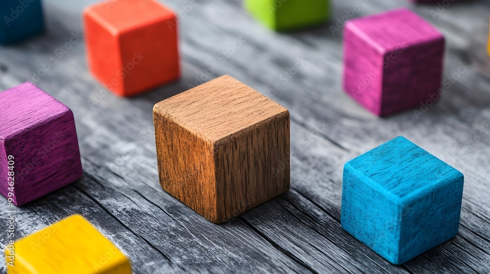 Colorful Wooden Blocks Arranged on a Distressed Wooden Surface Colorful Wooden Blocks Arranged on a Distressed Wooden Surface