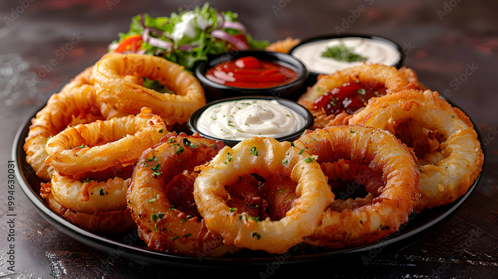 A platter of onion rings with various sauces, captured using an ultra HD camera with a ring light for even illumination A platter of onion rings with various sauces, captured using an ultra HD camera with a ring light for even illumination
