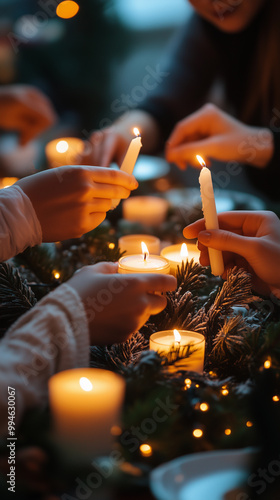 Obraz na płótnie group of hands with candles on a table, surrounded by ornaments and decorations for sharing the celebration of christmas and new year w salonie