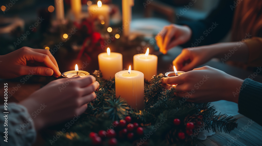 group of hands with candles on a table, surrounded by ornaments and decorations for sharing the celebration of christmas and new year